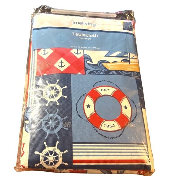 True Living Nautical-Themed Vinyl Flannel Back Tablecloth 52 X 70 Red White Blue - Picture 5 of 5